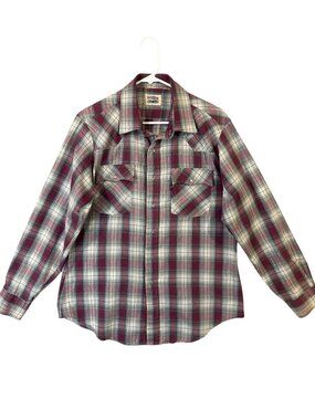 Levis Men's Plaid Snap Button Western Shirt Burgundy & Gray Size Large EUC
